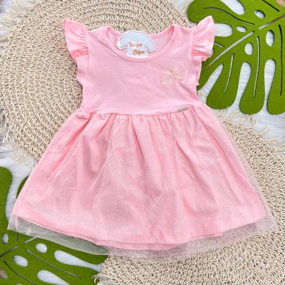 Vestido em malha e tule Rosa Borboleta 